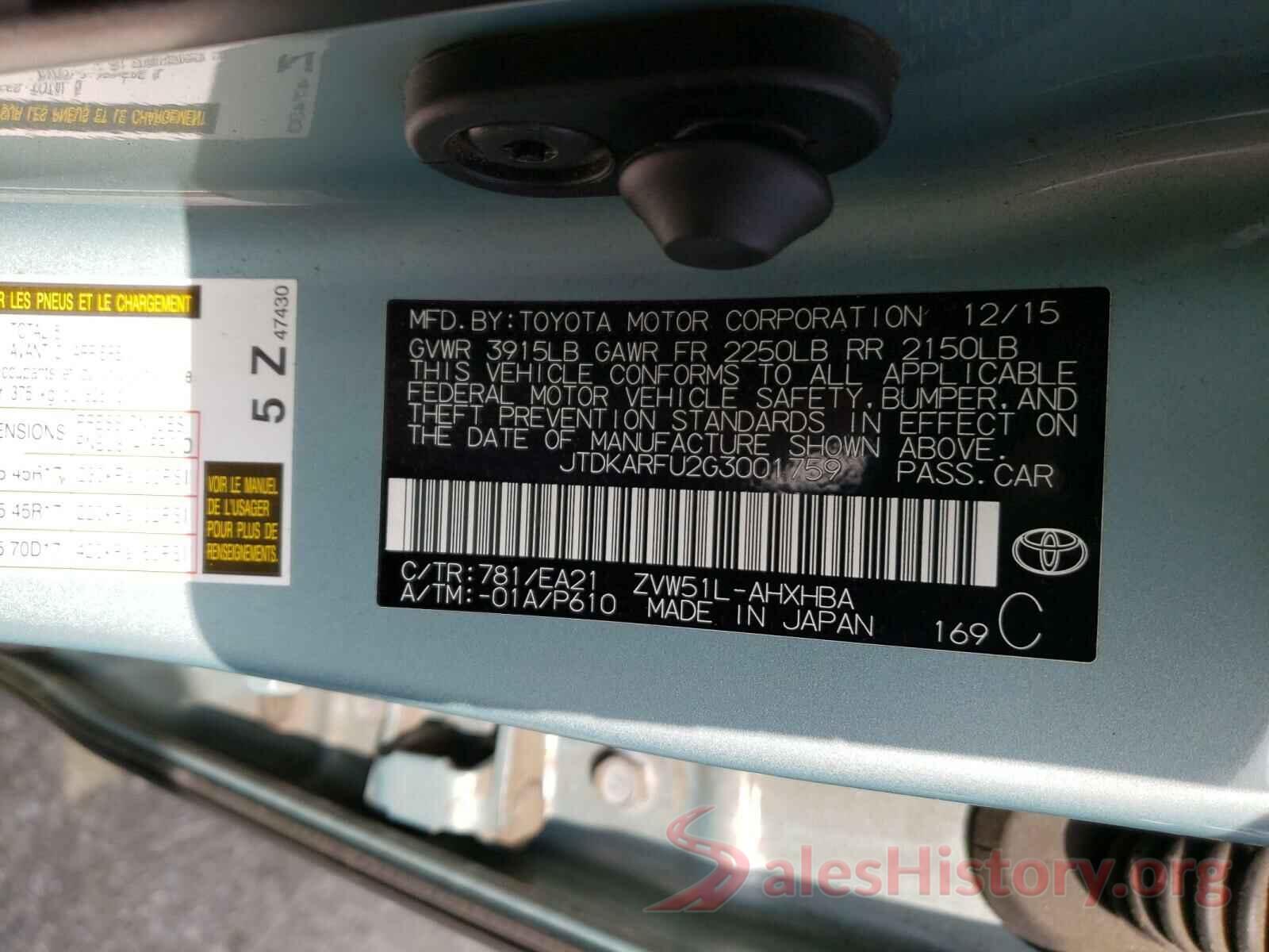 JTDKARFU2G3001759 2016 TOYOTA PRIUS