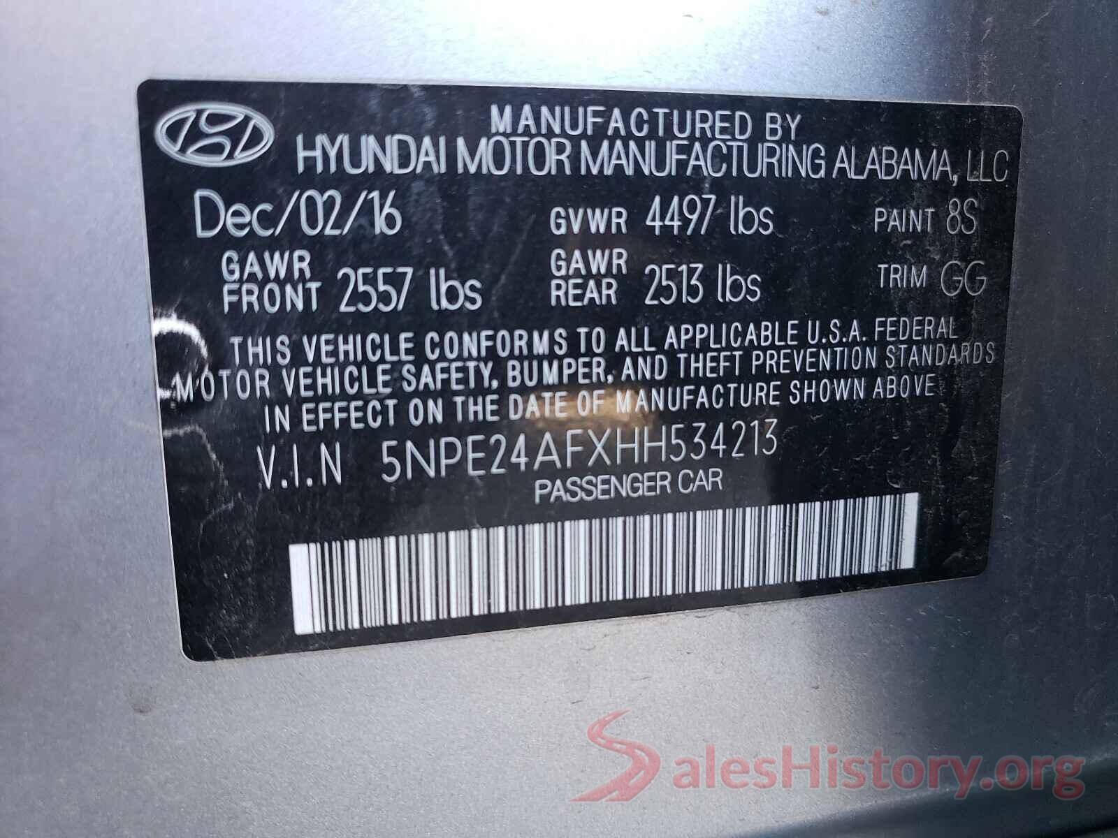 5NPE24AFXHH534213 2017 HYUNDAI SONATA