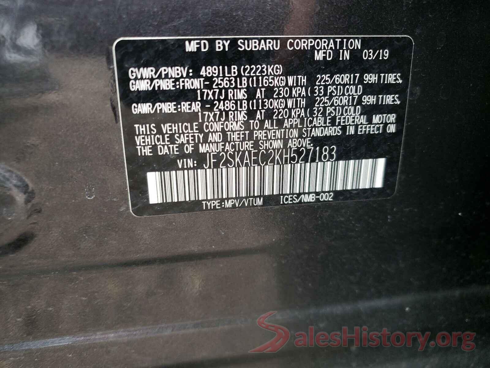 JF2SKAEC2KH527183 2019 SUBARU FORESTER