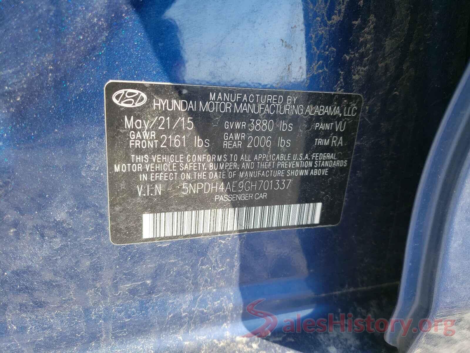 5NPDH4AE9GH701337 2016 HYUNDAI ELANTRA