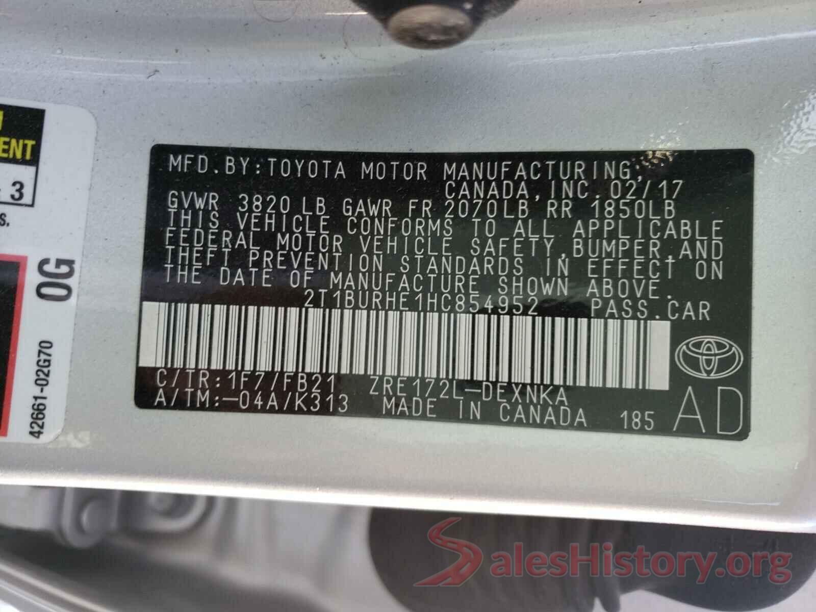 2T1BURHE1HC854952 2017 TOYOTA COROLLA