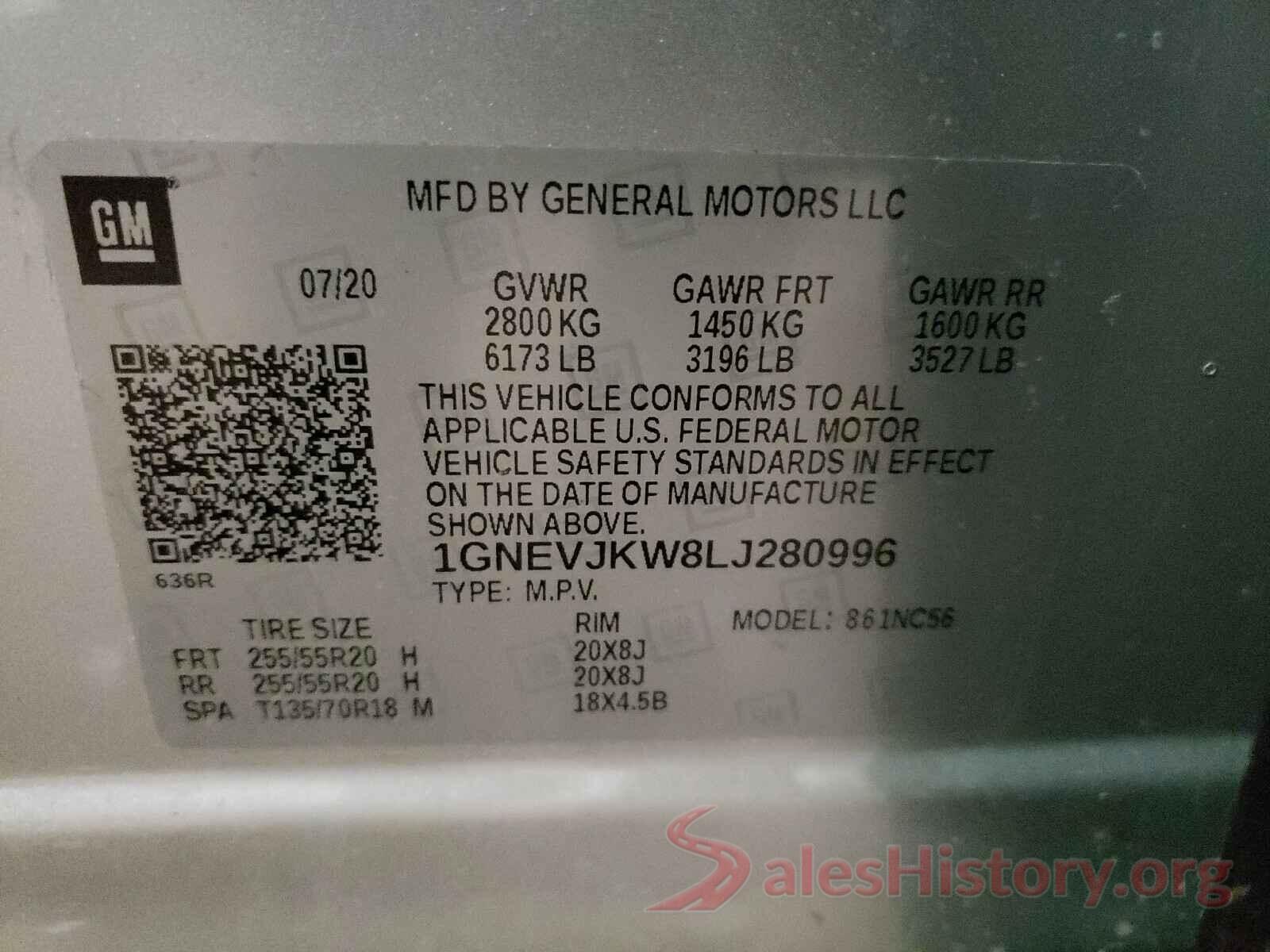 1GNEVJKW8LJ280996 2020 CHEVROLET TRAVERSE