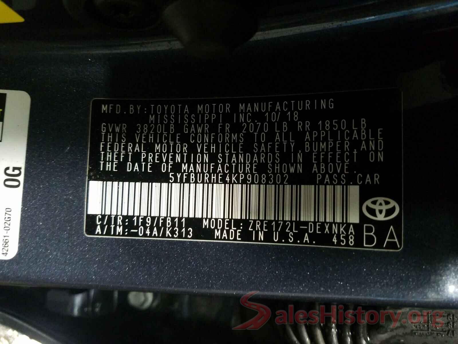 5YFBURHE4KP908302 2019 TOYOTA COROLLA