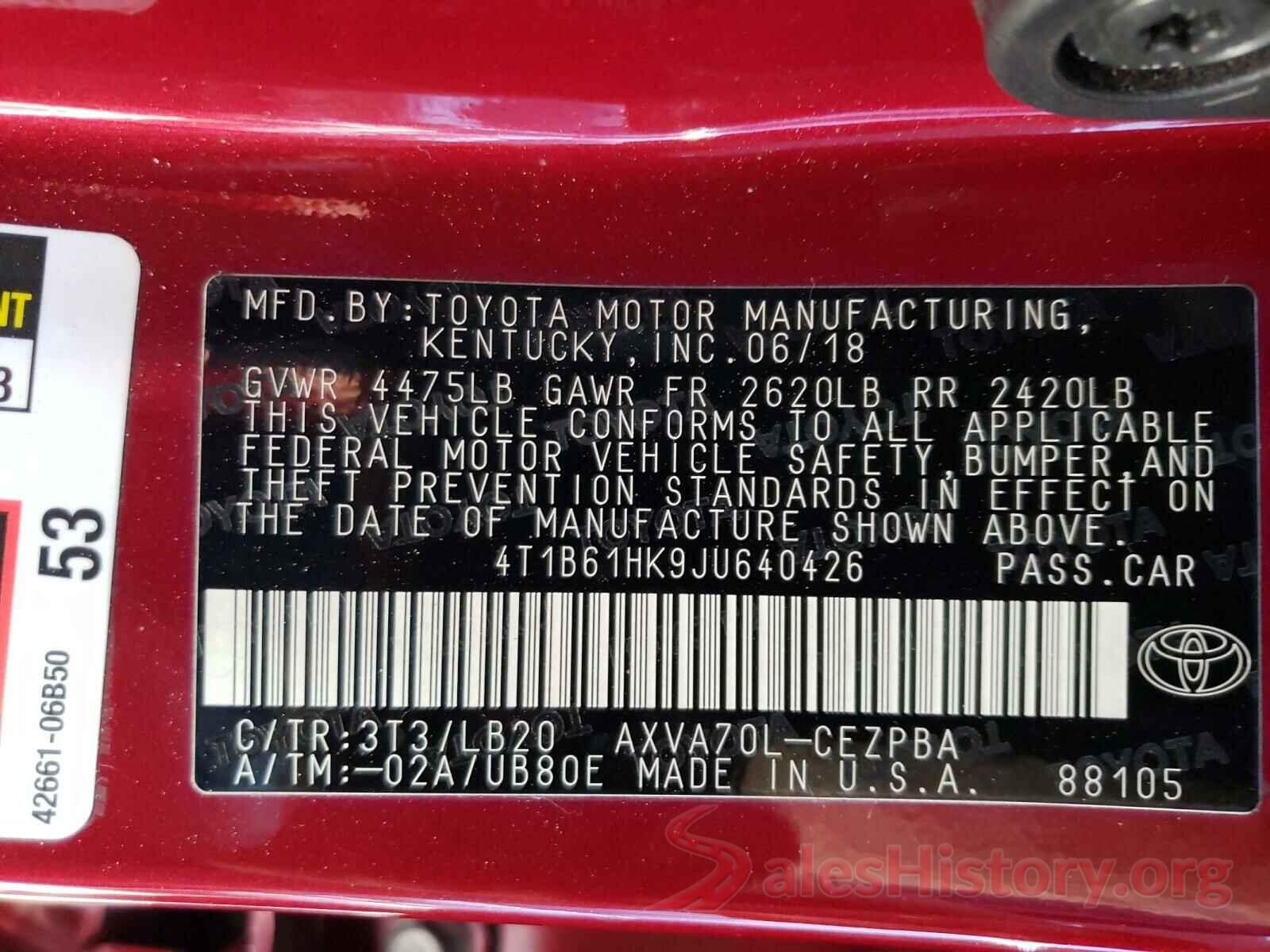 4T1B61HK9JU640426 2018 TOYOTA CAMRY