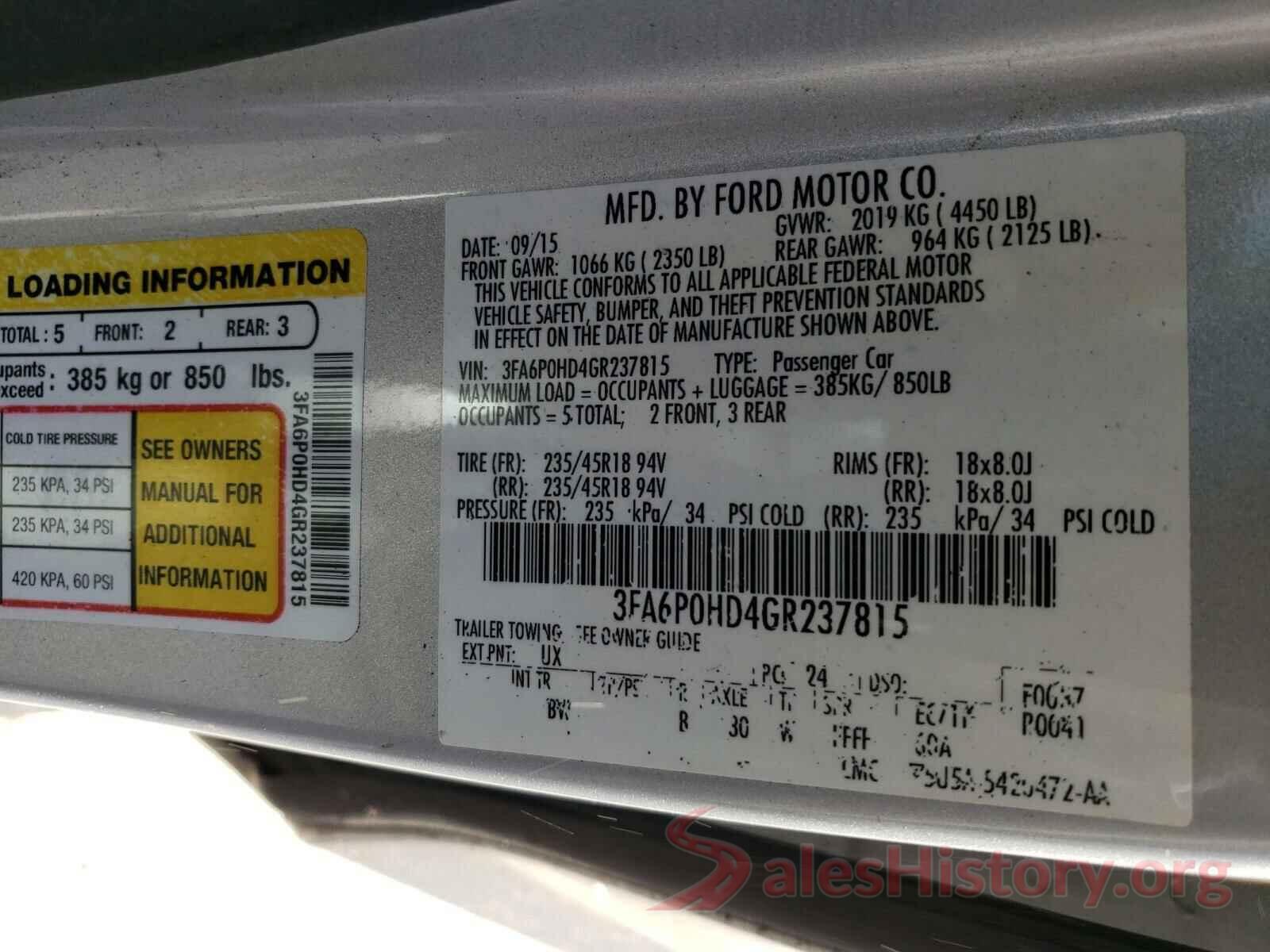 3FA6P0HD4GR237815 2016 FORD FUSION