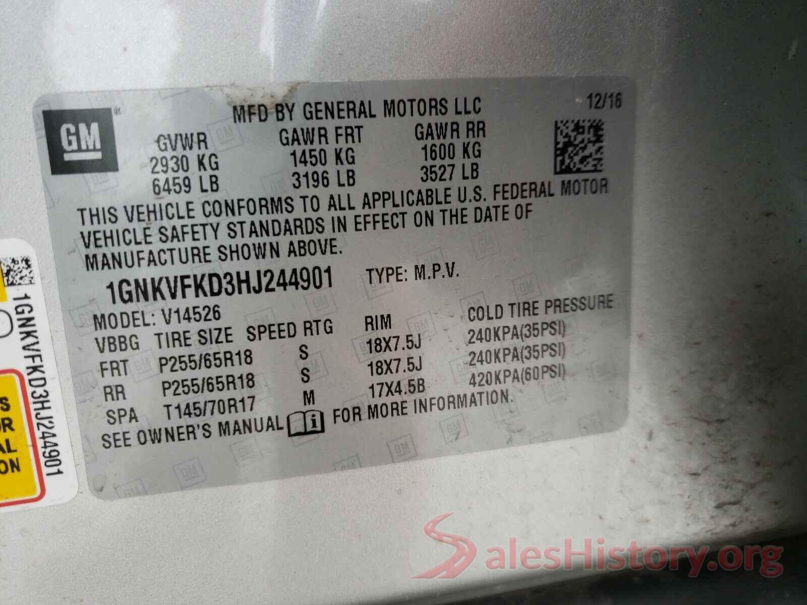 1GNKVFKD3HJ244901 2017 CHEVROLET TRAVERSE