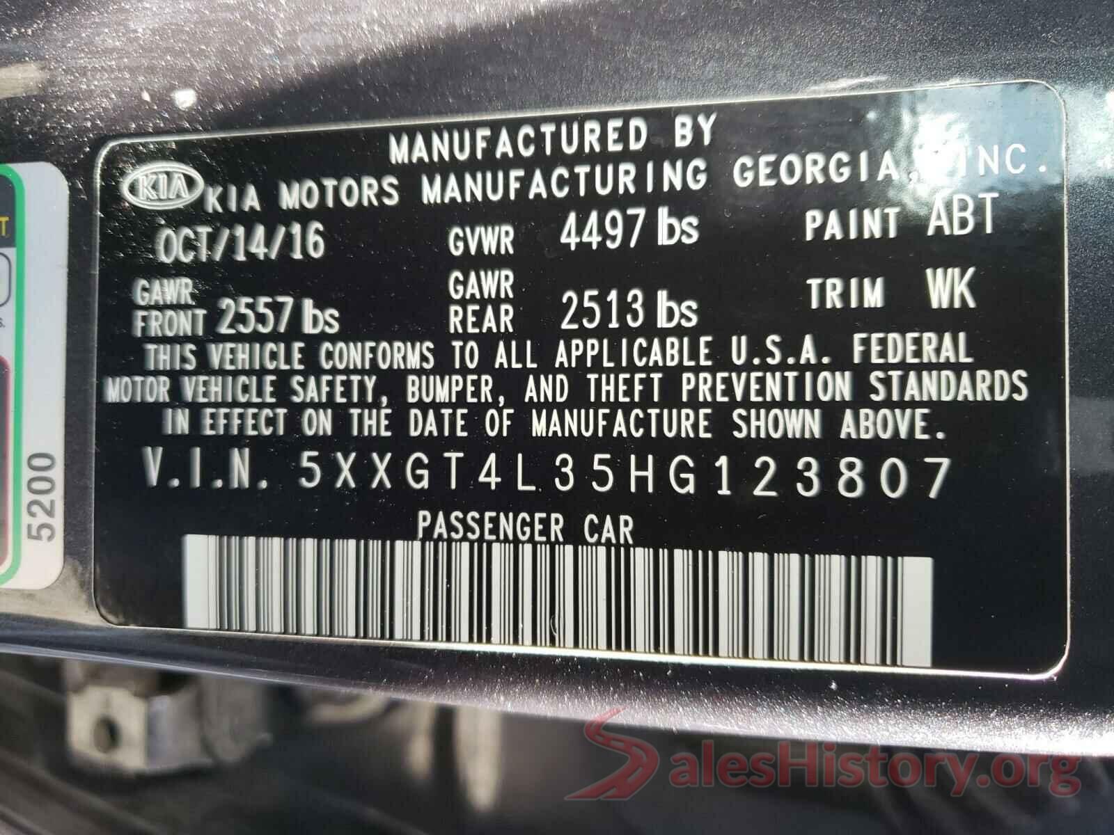 5XXGT4L35HG123807 2017 KIA OPTIMA