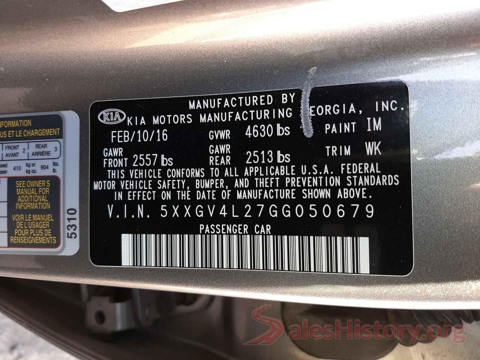 5XXGV4L27GG050679 2016 KIA OPTIMA