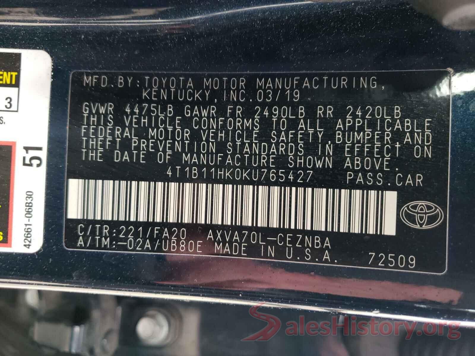 4T1B11HK0KU765427 2019 TOYOTA CAMRY