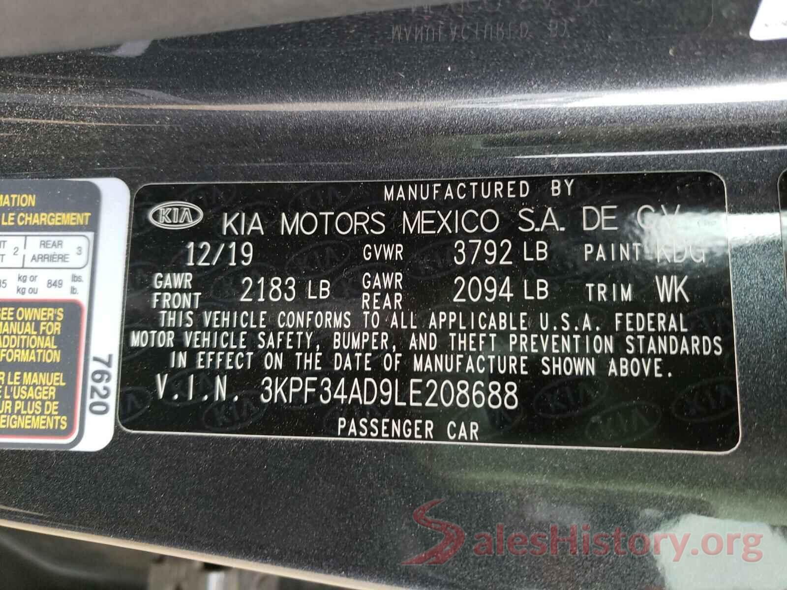 3KPF34AD9LE208688 2020 KIA FORTE