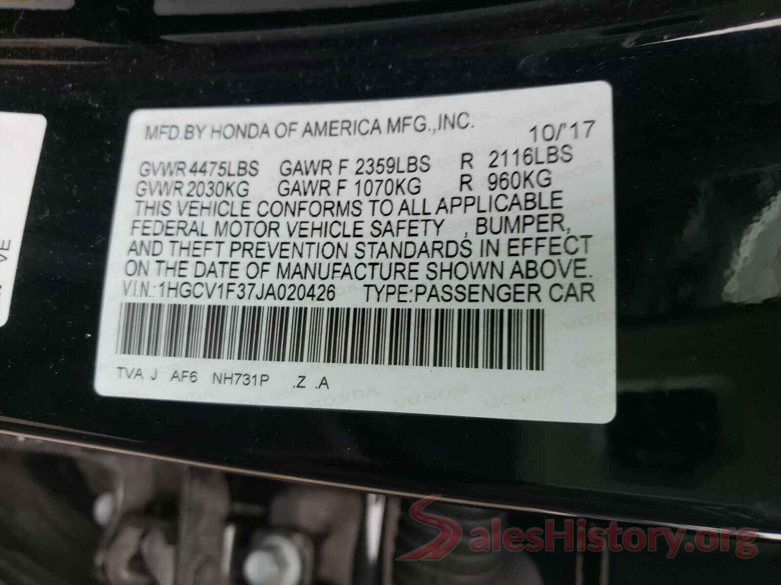 1HGCV1F37JA020426 2018 HONDA ACCORD