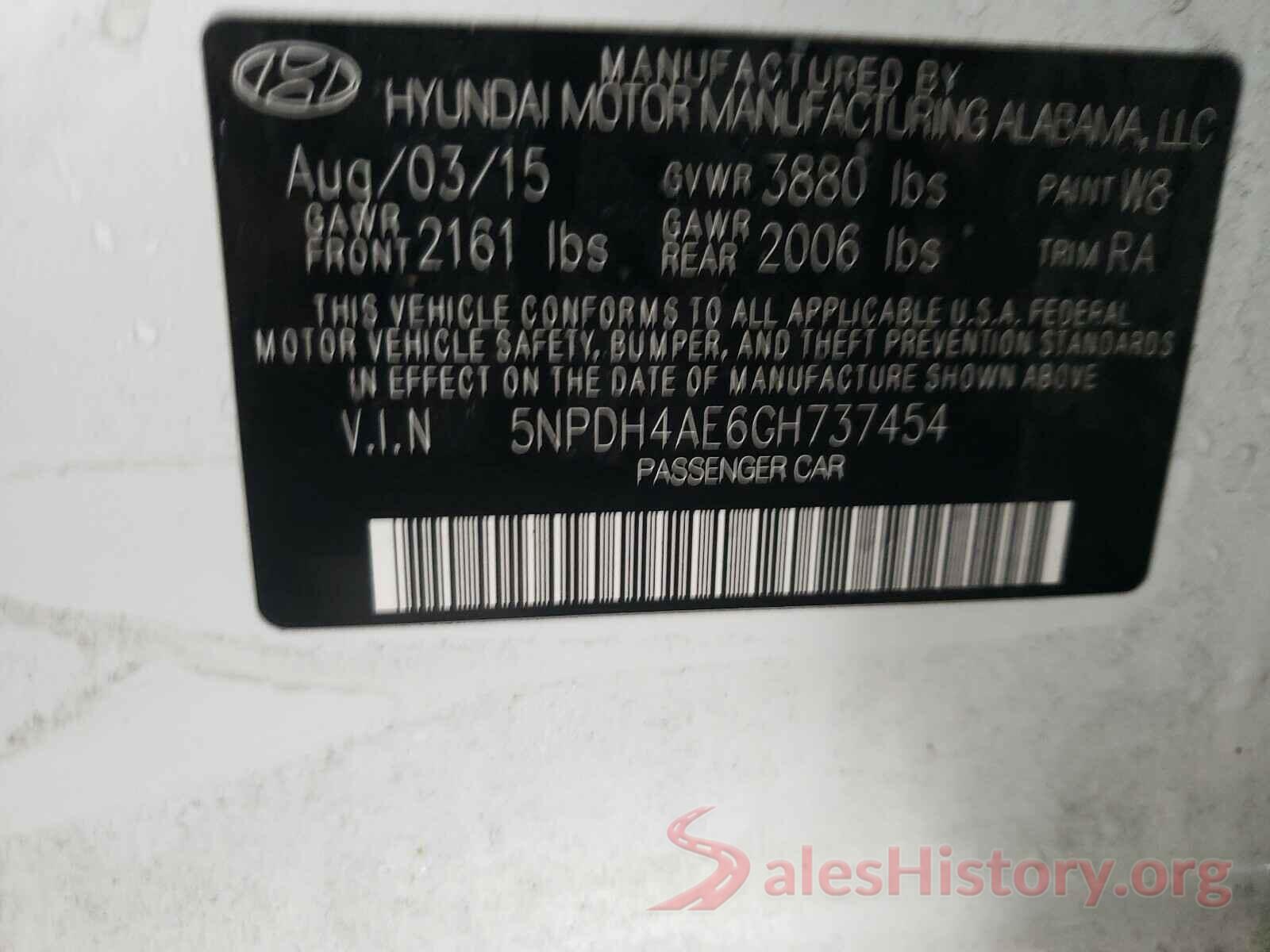 5NPDH4AE6GH737454 2016 HYUNDAI ELANTRA