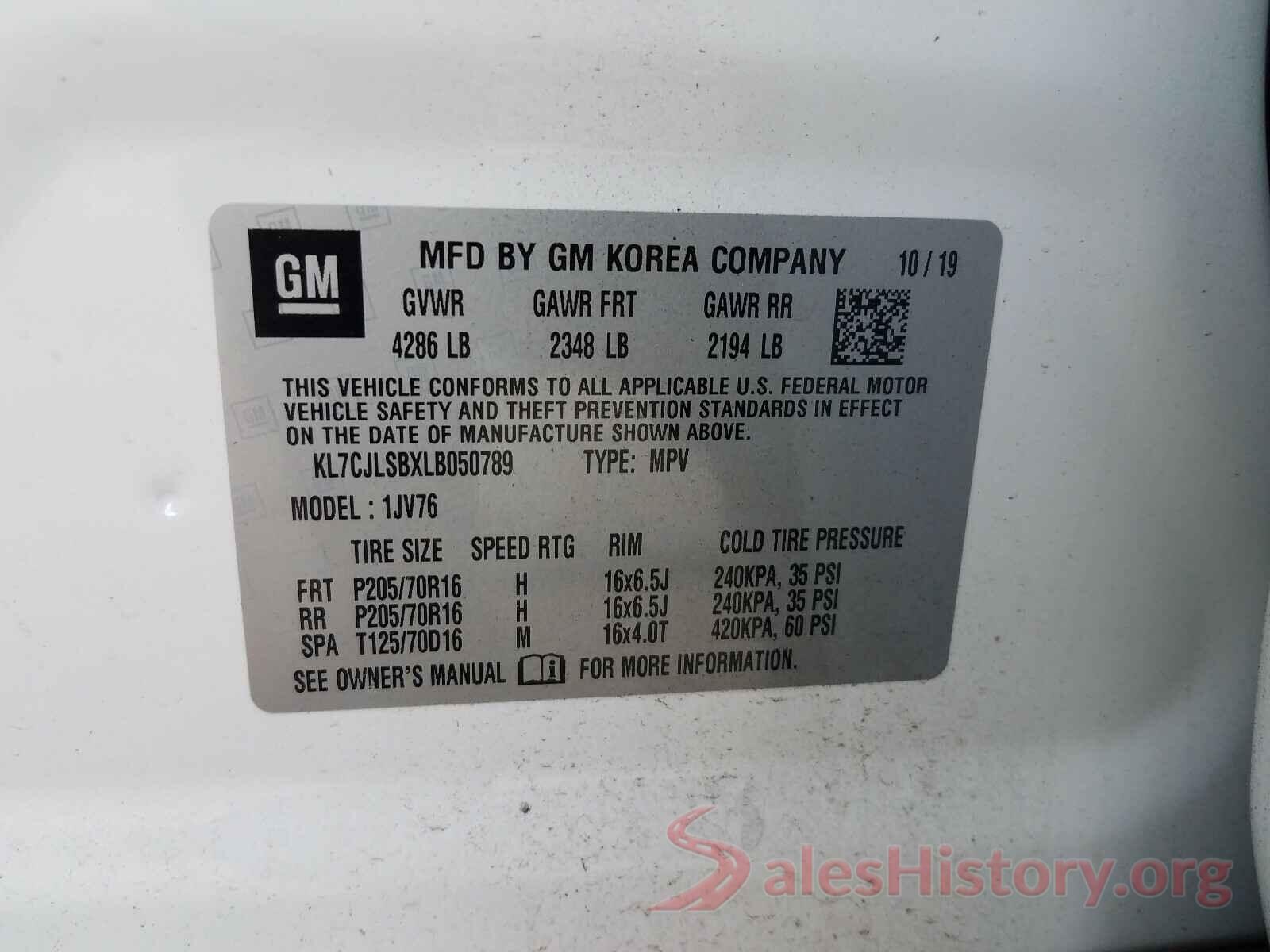 KL7CJLSBXLB050789 2020 CHEVROLET TRAX