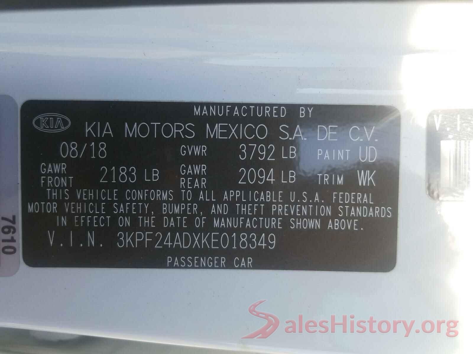 3KPF24ADXKE018349 2019 KIA FORTE