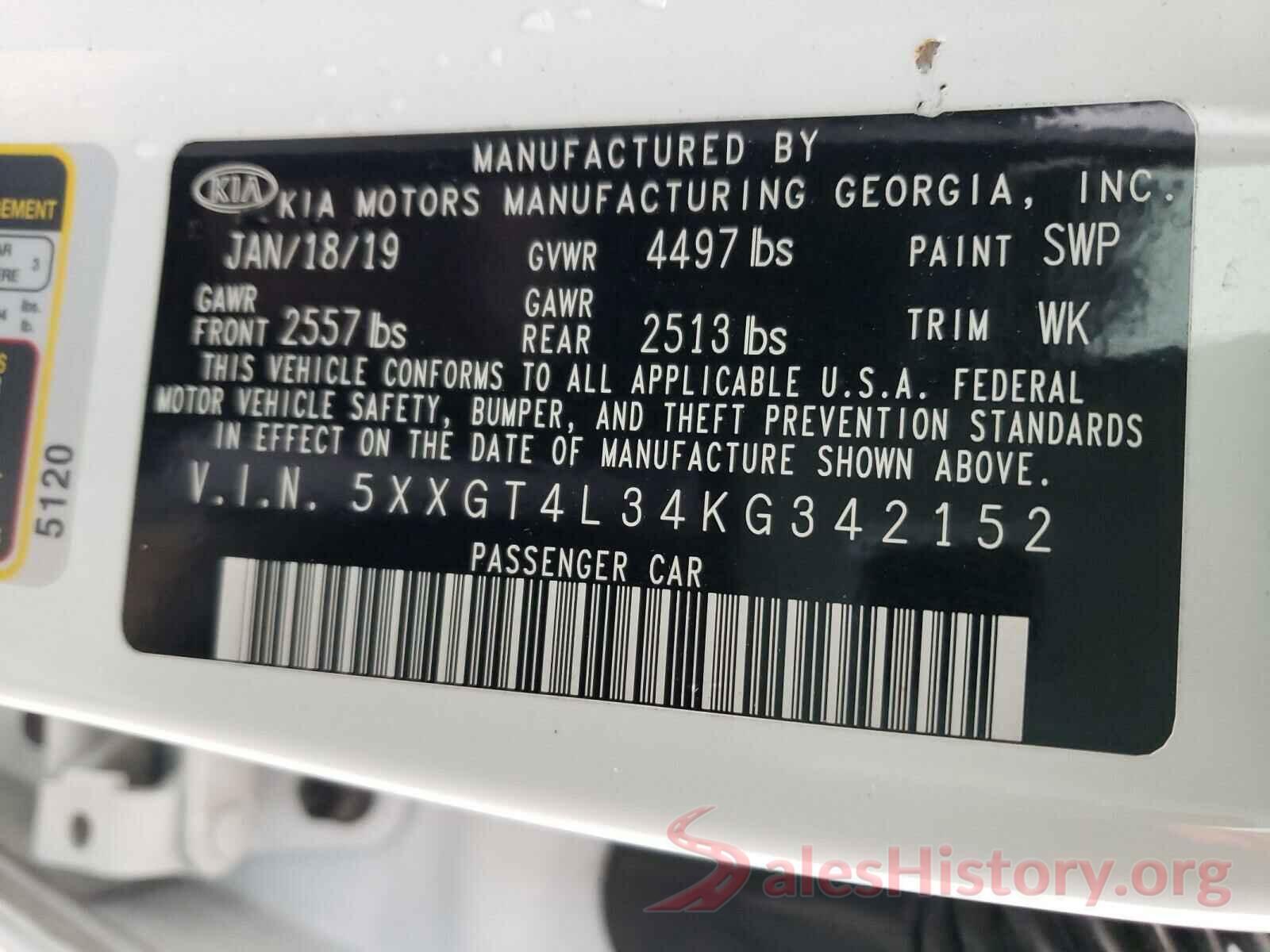 5XXGT4L34KG342152 2019 KIA OPTIMA