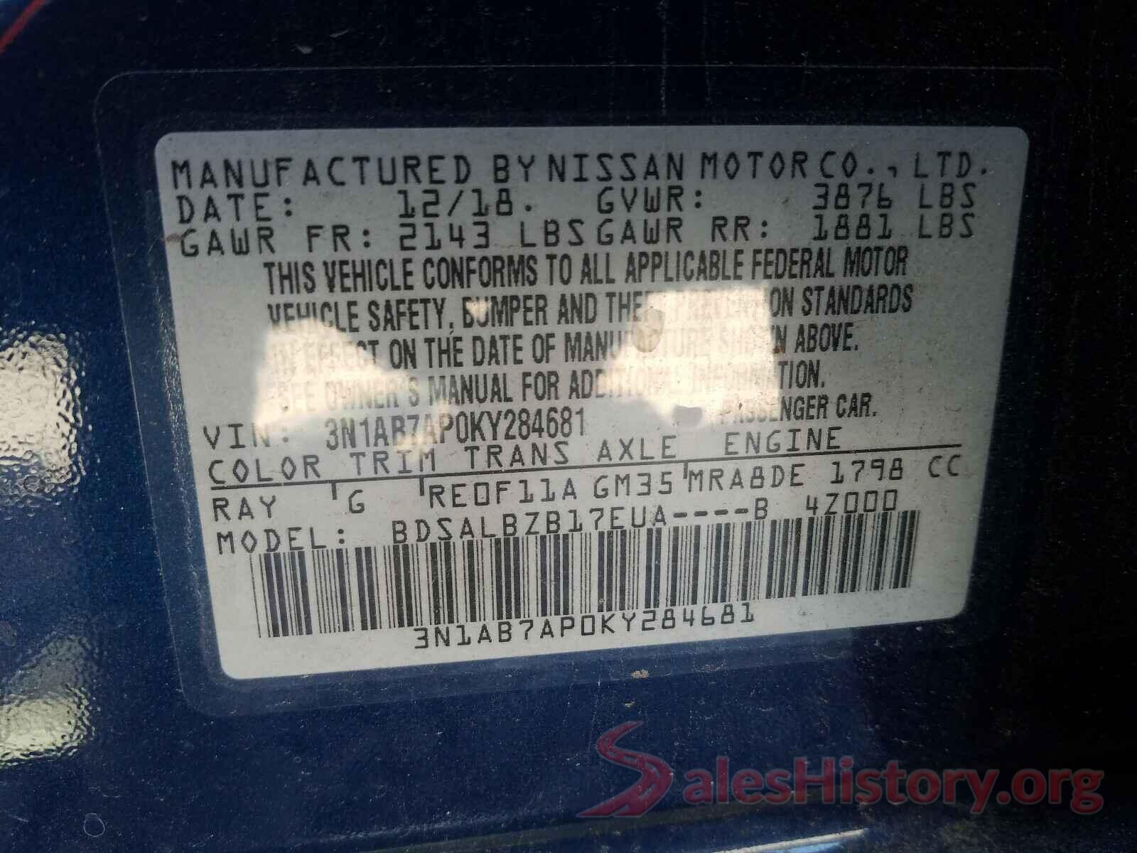 3N1AB7AP0KY284681 2019 NISSAN SENTRA