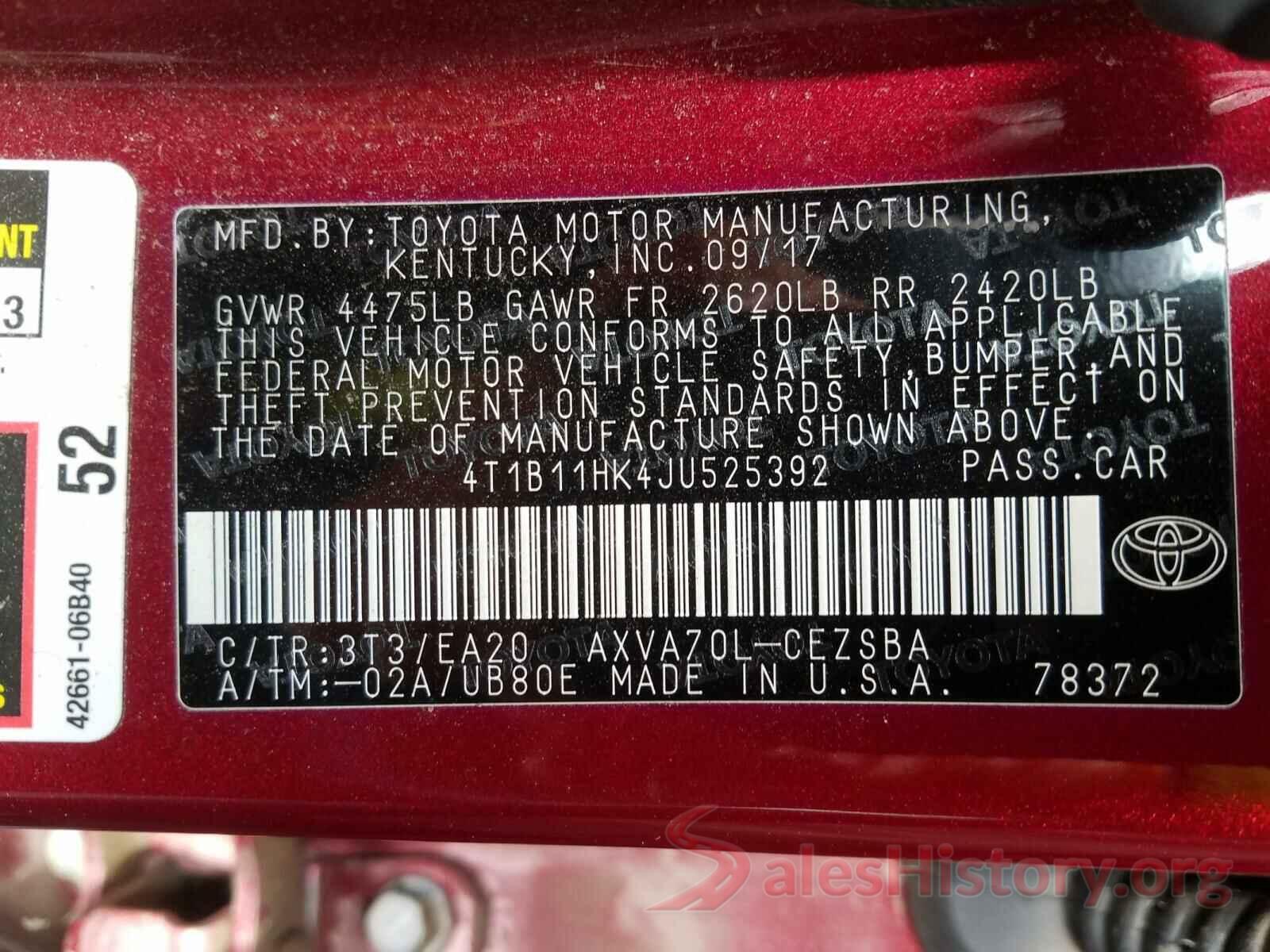 4T1B11HK4JU525392 2018 TOYOTA CAMRY