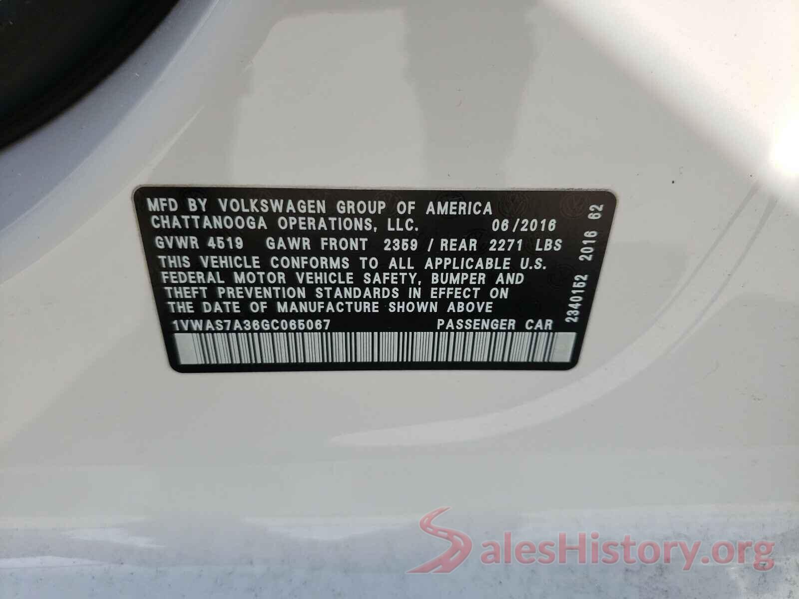 1VWAS7A36GC065067 2016 VOLKSWAGEN PASSAT