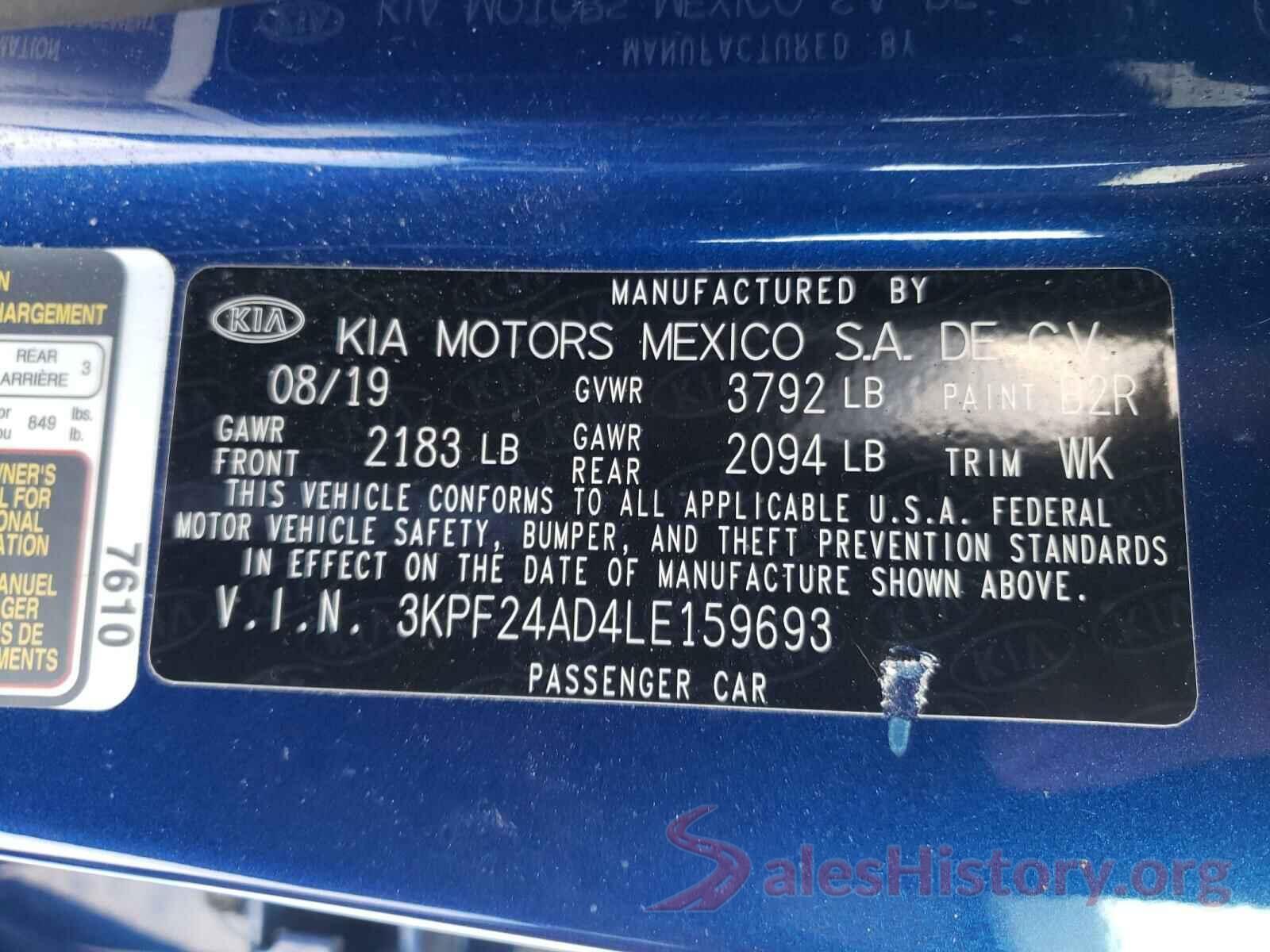 3KPF24AD4LE159693 2020 KIA FORTE