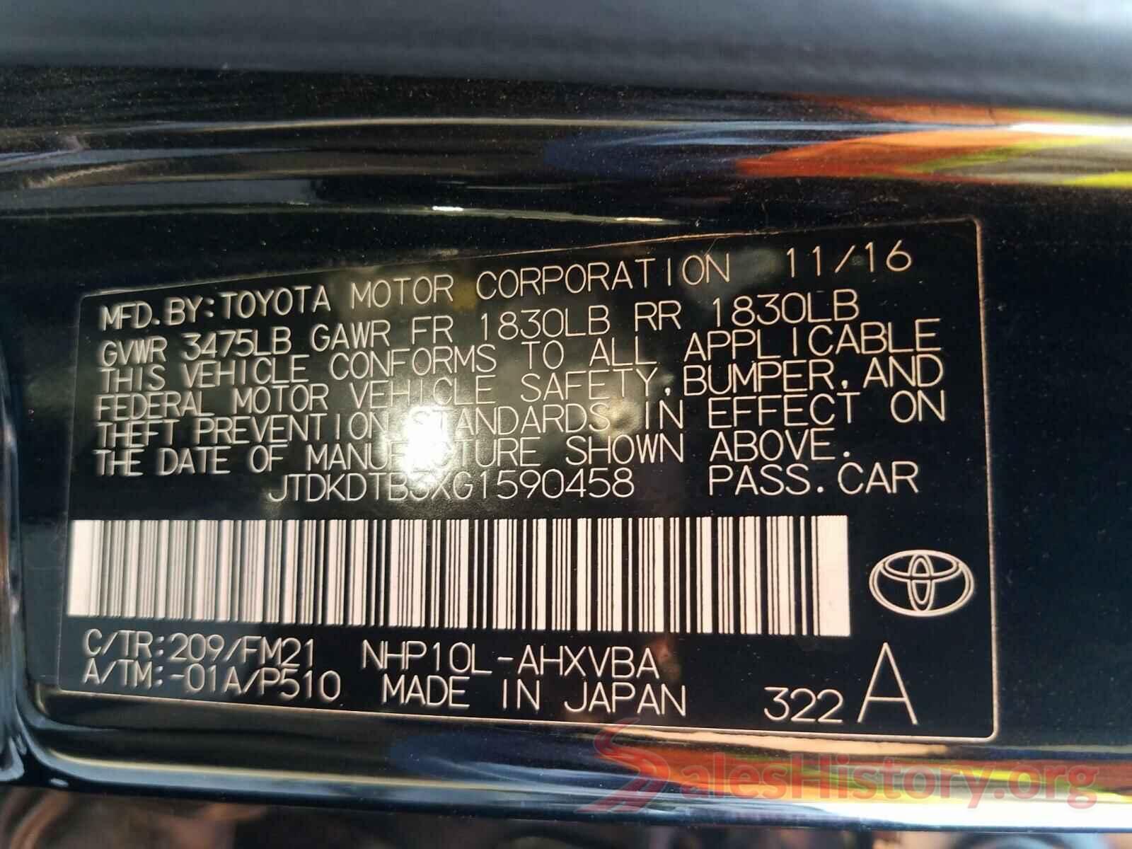 JTDKDTB3XG1590458 2016 TOYOTA PRIUS