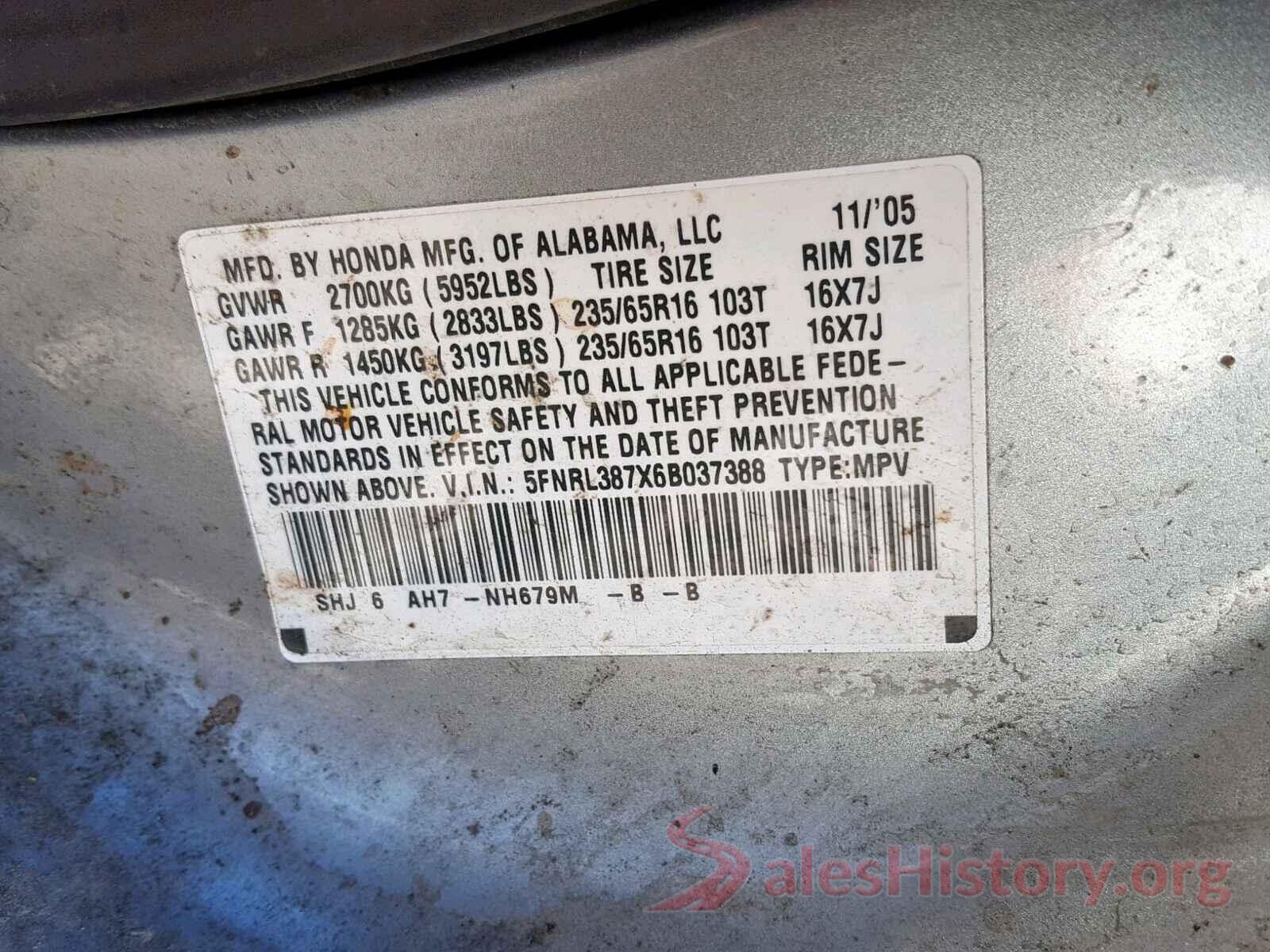 5FNRL387X6B037388 2006 HONDA ODYSSEY EX