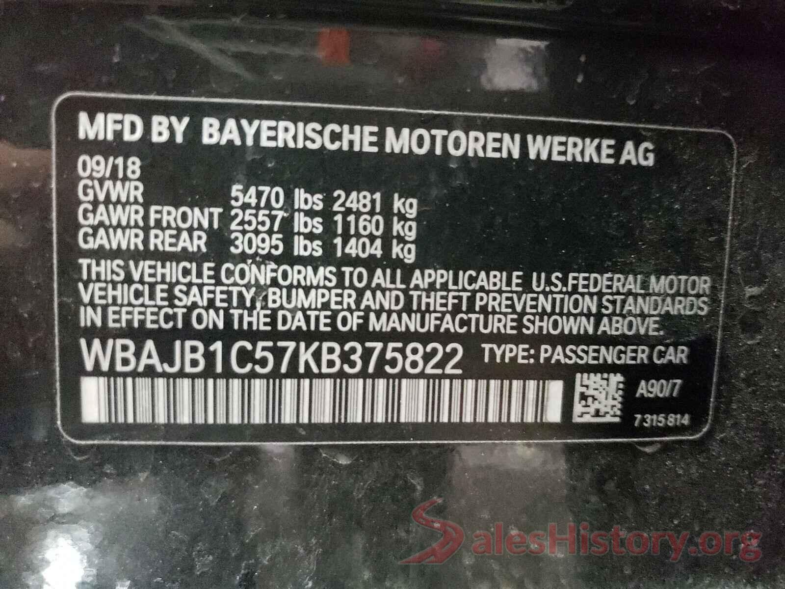 WBAJB1C57KB375822 2019 BMW 5 SERIES