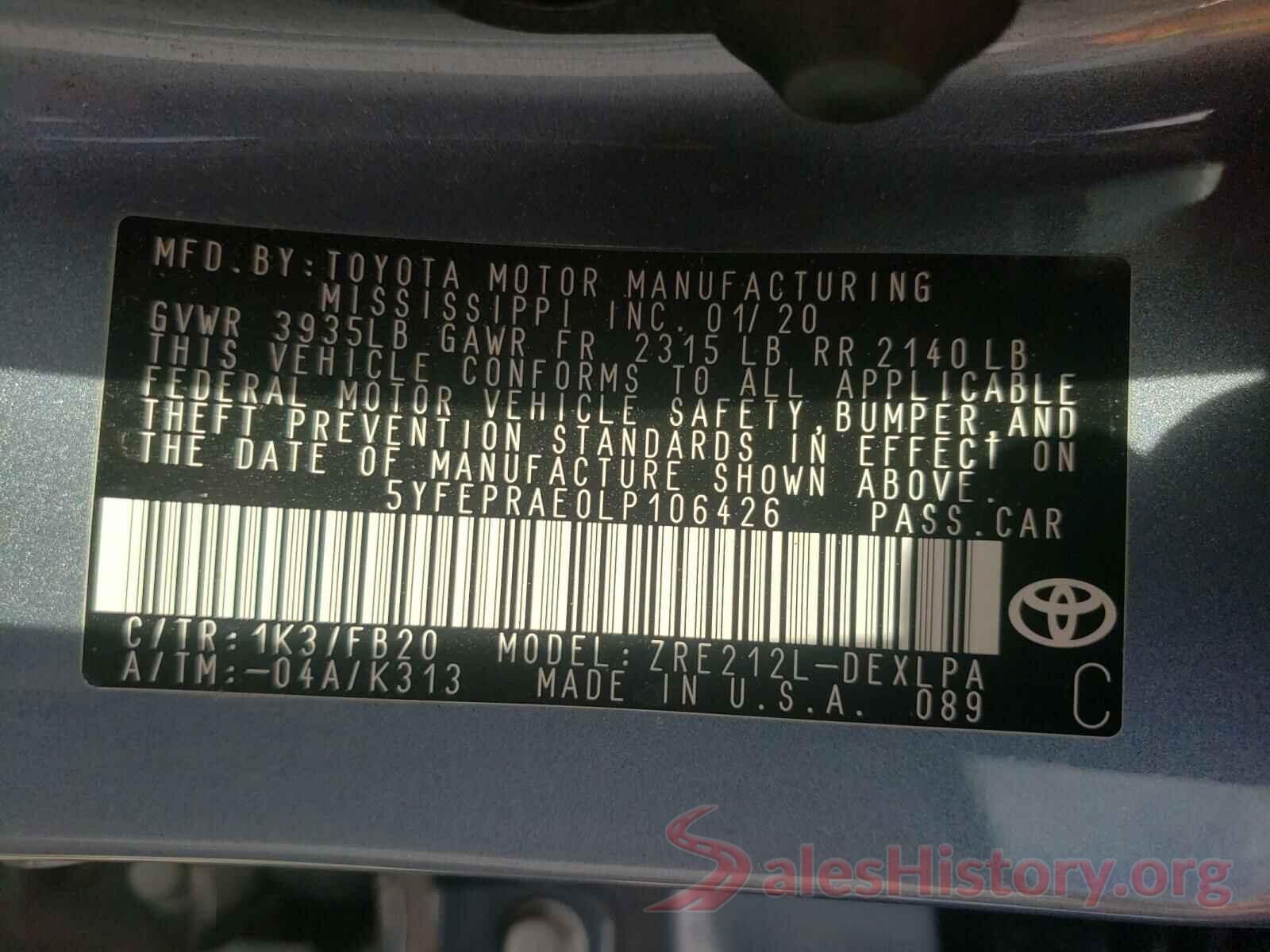 5YFEPRAE0LP106426 2020 TOYOTA COROLLA