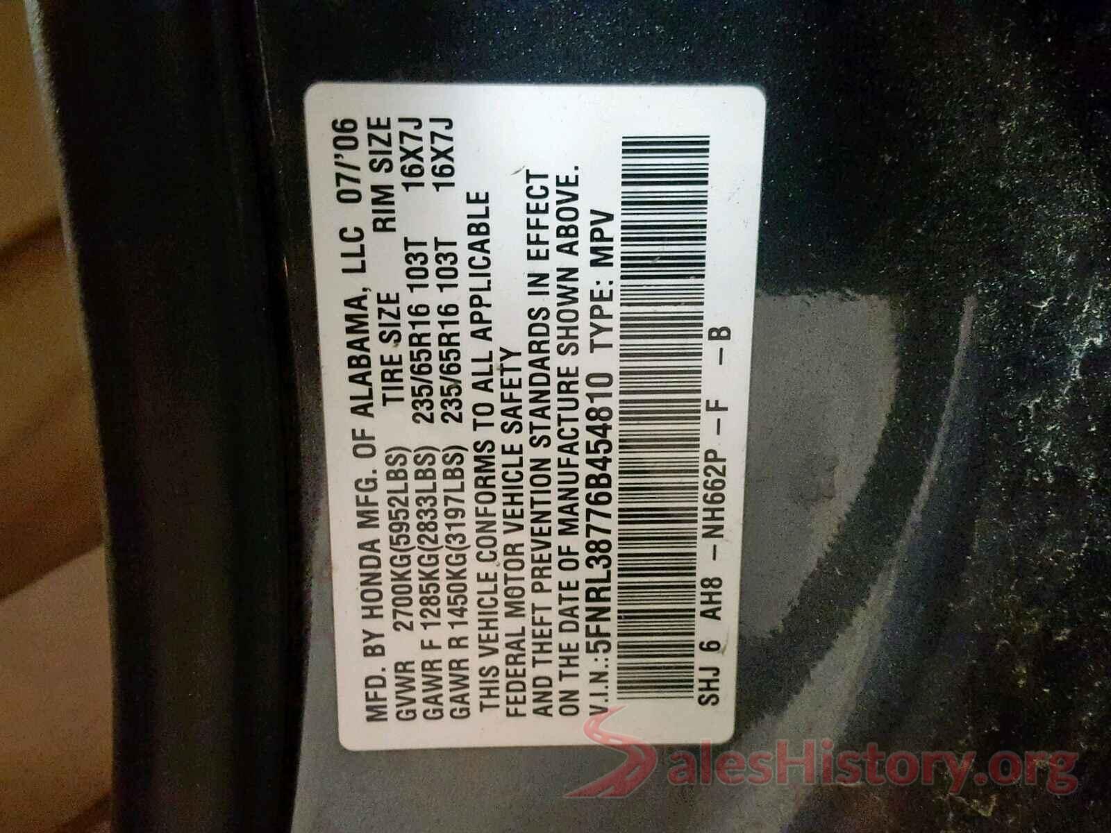 5FNRL38776B454810 2006 HONDA ODYSSEY EX