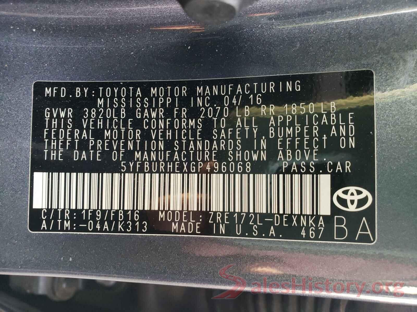 5YFBURHEXGP496068 2016 TOYOTA COROLLA