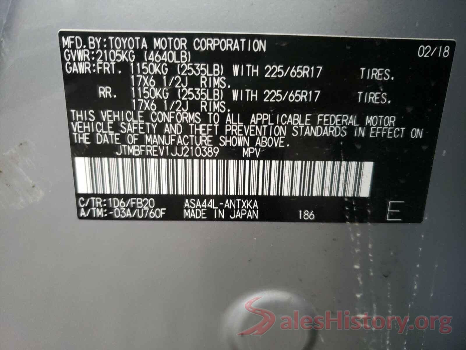 JTMBFREV1JJ210389 2018 TOYOTA RAV4