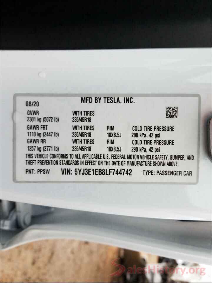 5YJ3E1EB8LF744742 2020 TESLA MODEL 3