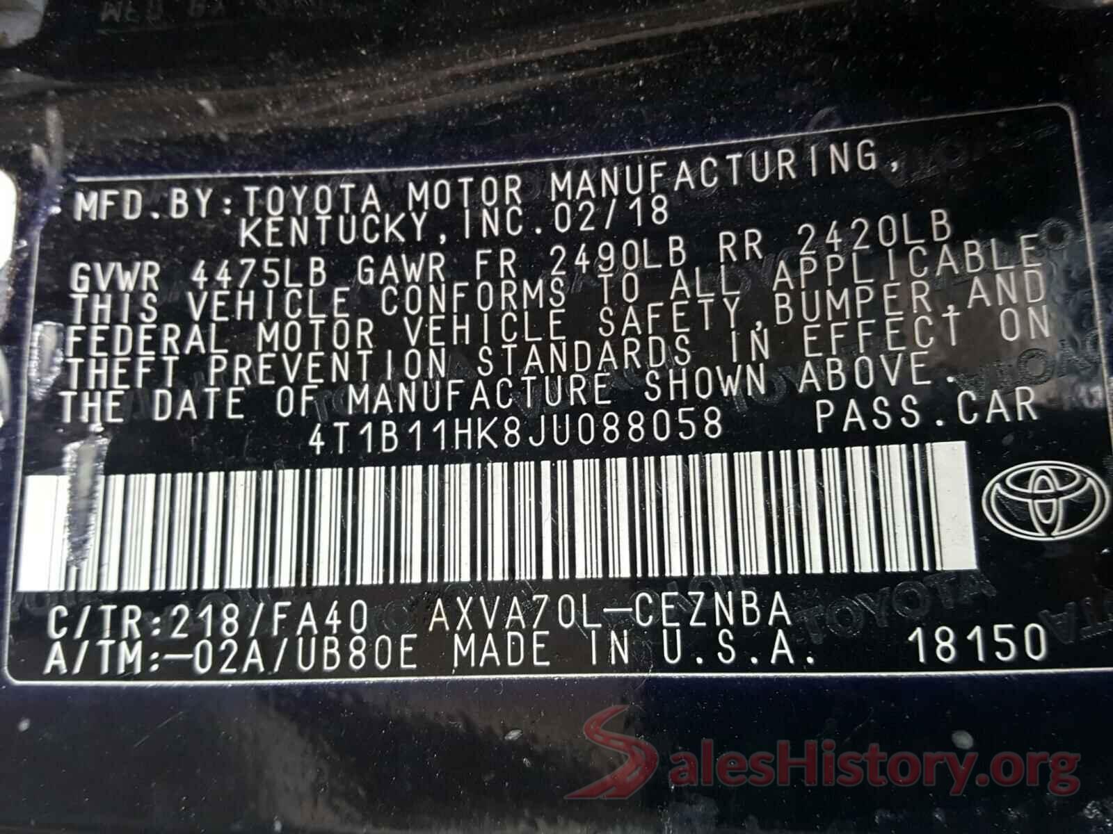 4T1B11HK8JU088058 2018 TOYOTA CAMRY