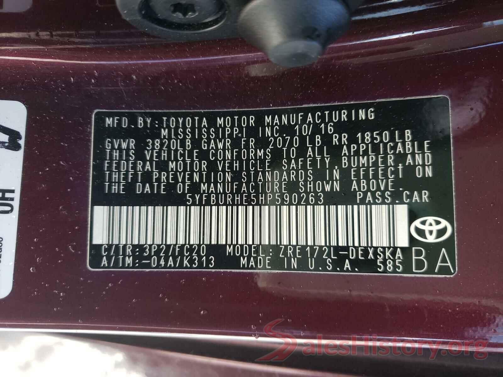 5YFBURHE5HP590263 2017 TOYOTA COROLLA