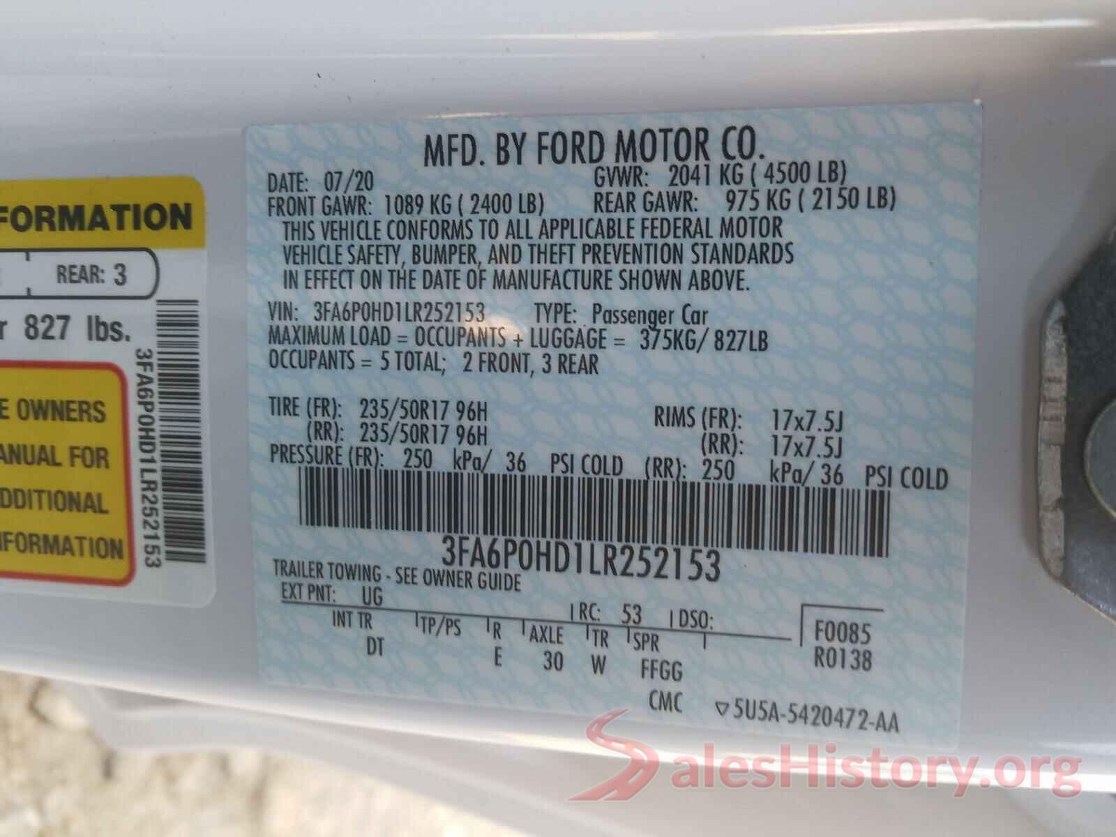 3FA6P0HD1LR252153 2020 FORD FUSION