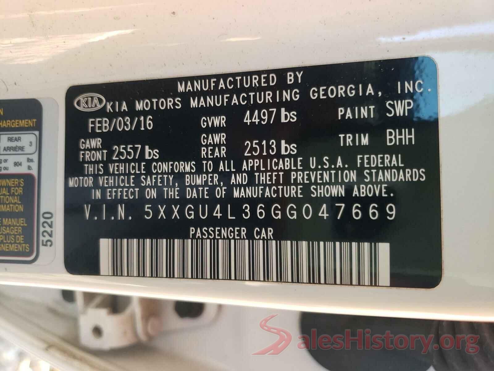 5XXGU4L36GG047669 2016 KIA OPTIMA