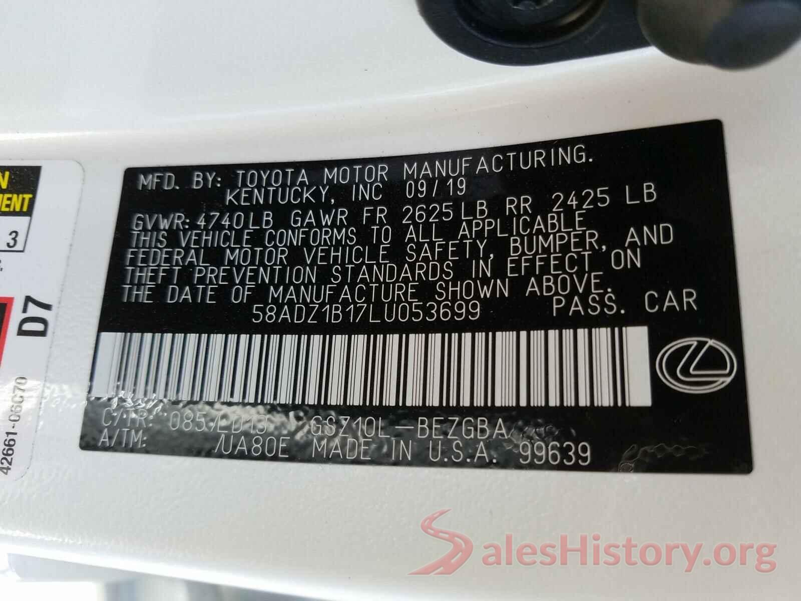 58ADZ1B17LU053699 2020 LEXUS ES350