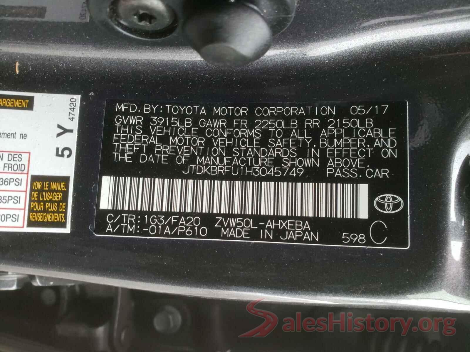 JTDKBRFU1H3045749 2017 TOYOTA PRIUS