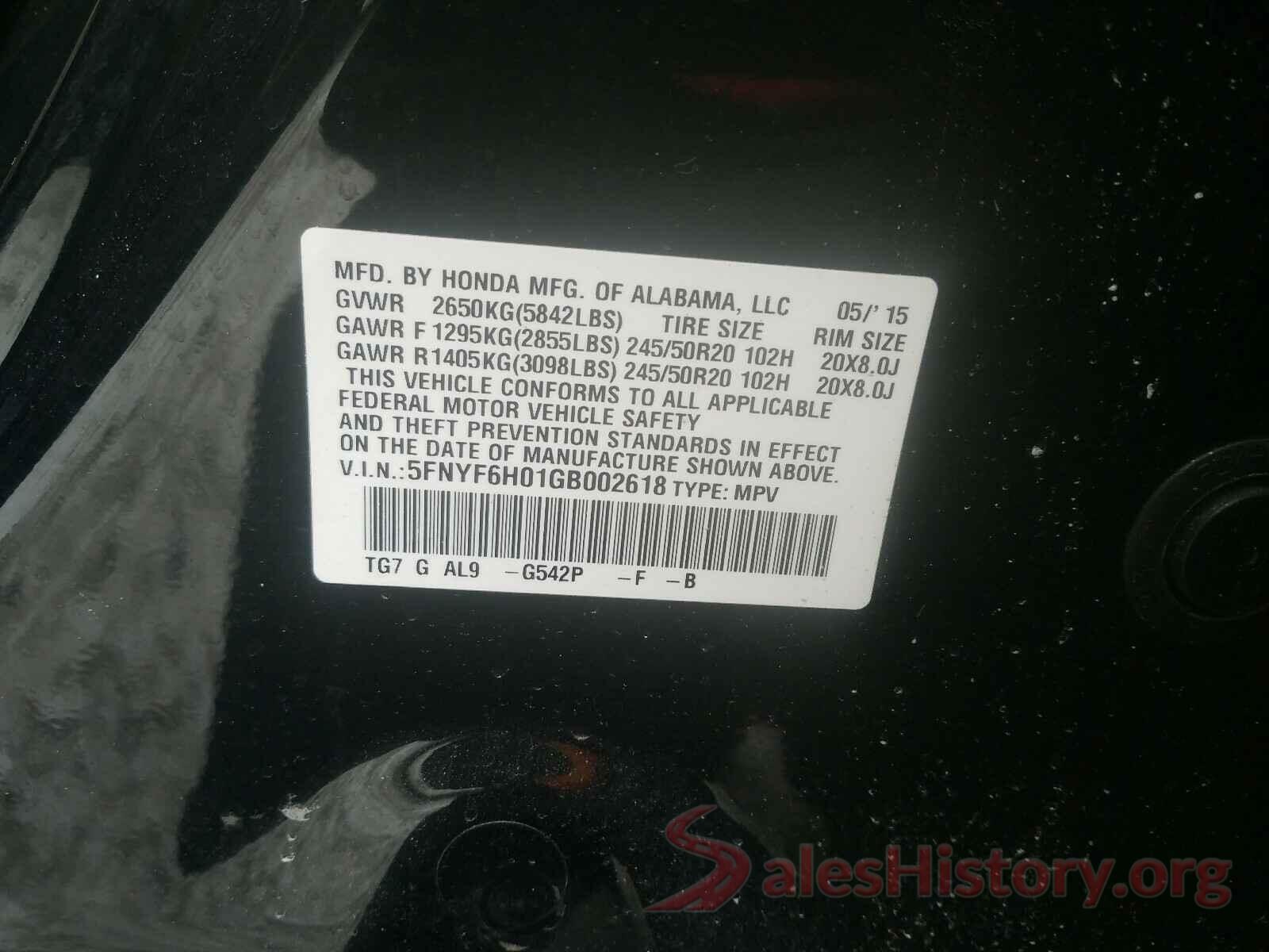 5FNYF6H01GB002618 2016 HONDA PILOT