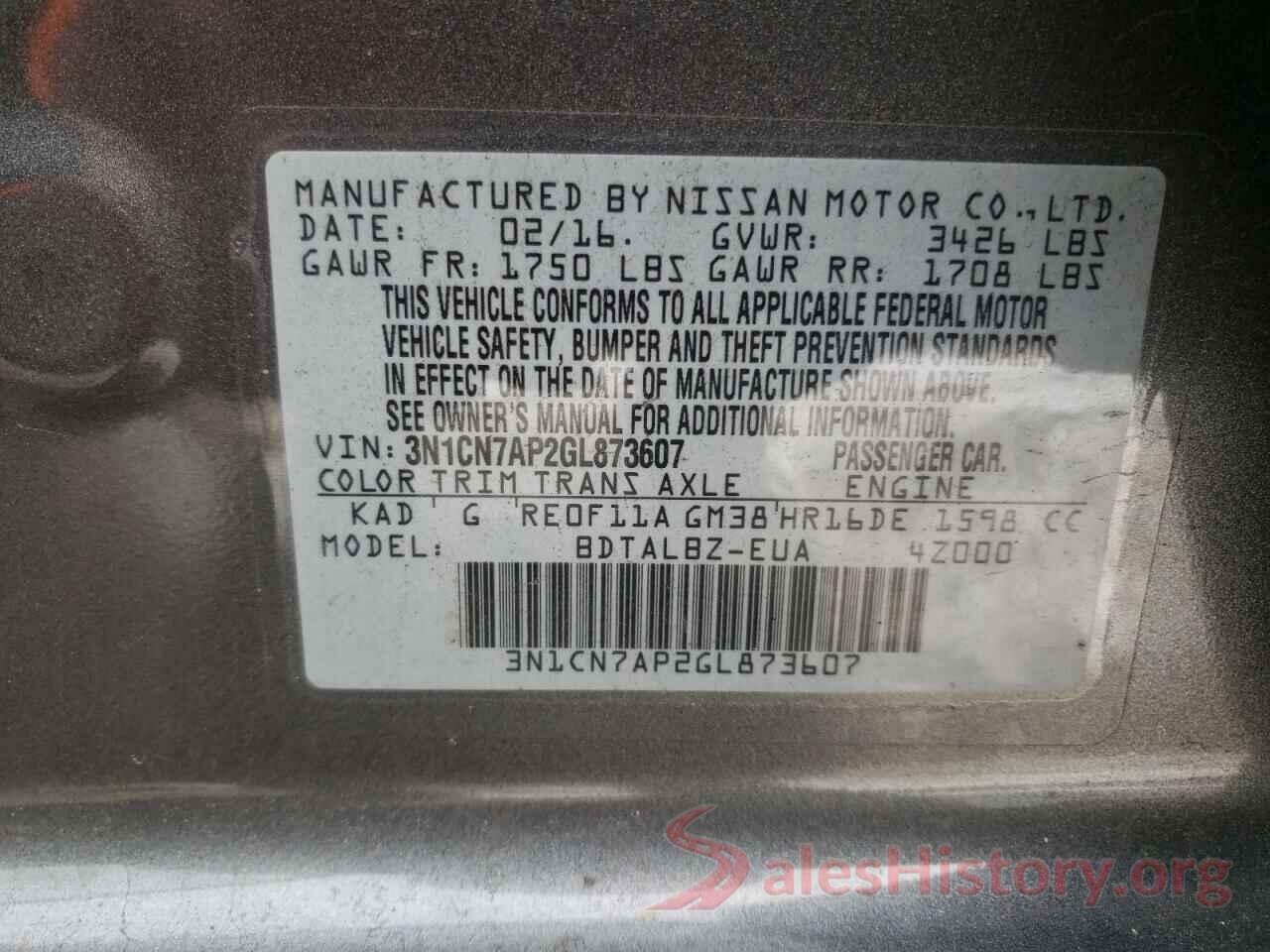 3N1CN7AP2GL873607 2016 NISSAN VERSA