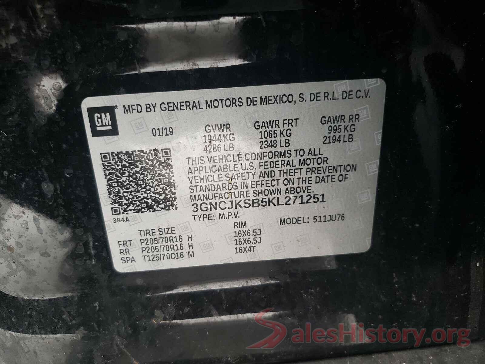 3GNCJKSB5KL271251 2019 CHEVROLET TRAX