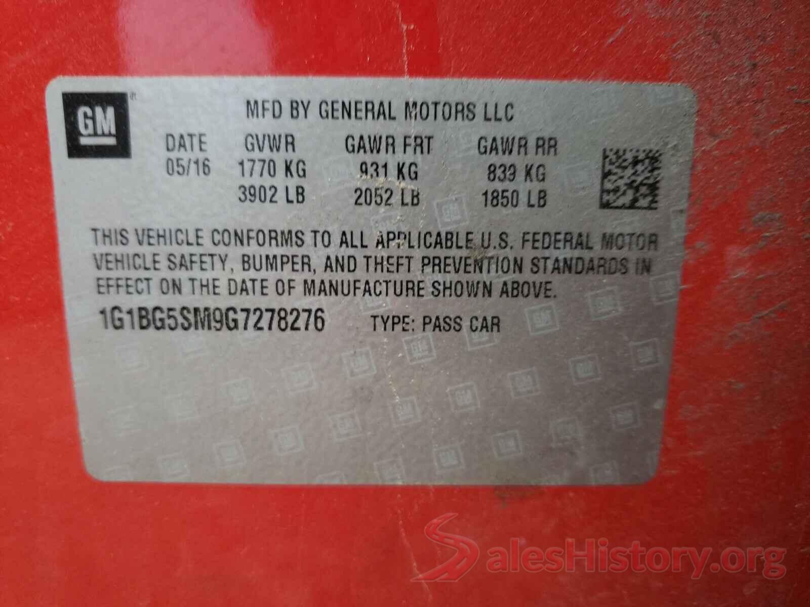 1G1BG5SM9G7278276 2016 CHEVROLET CRUZE