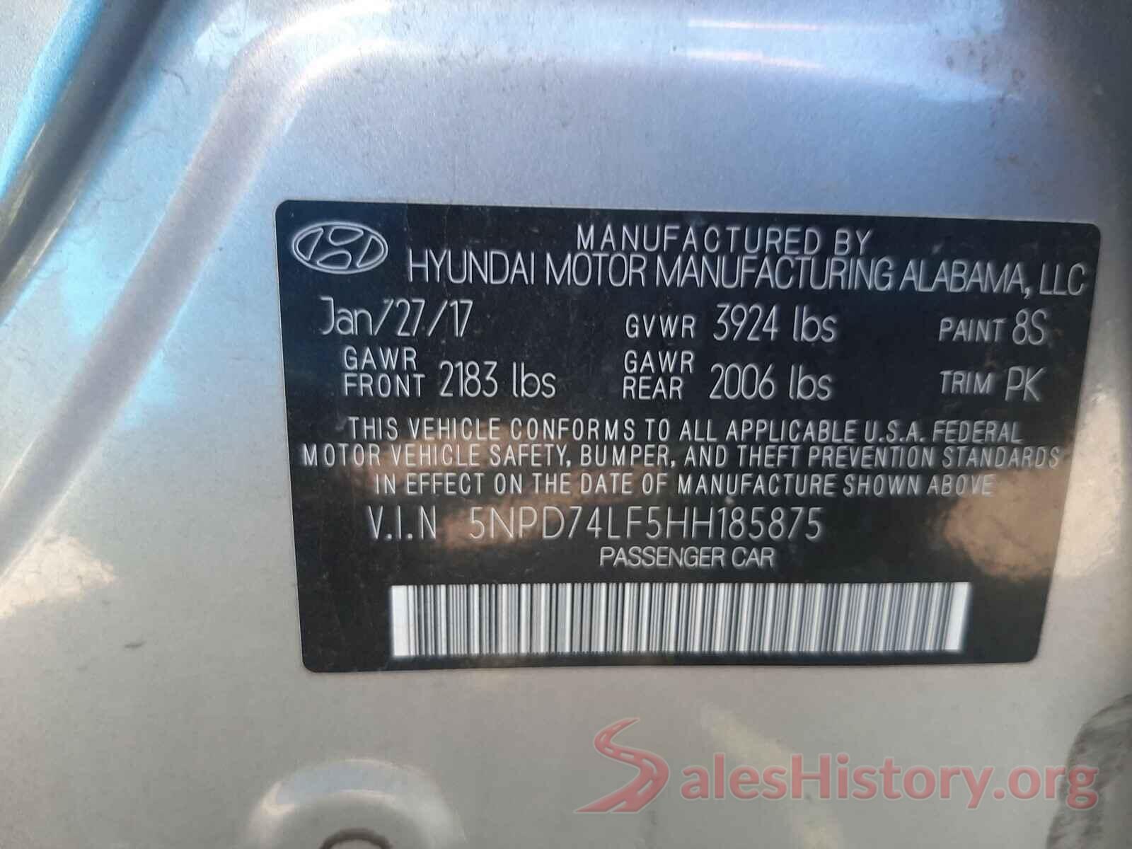 5NPD74LF5HH185875 2017 HYUNDAI ELANTRA