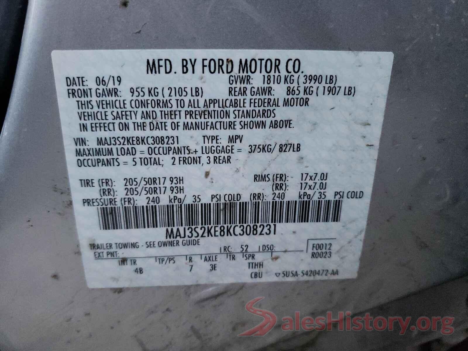 MAJ3S2KE8KC308231 2019 FORD ALL OTHER