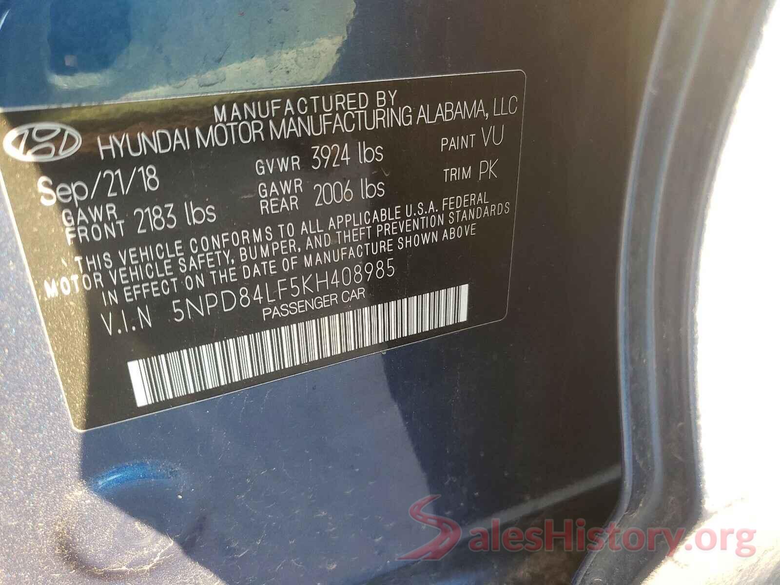 5NPD84LF5KH408985 2019 HYUNDAI ELANTRA