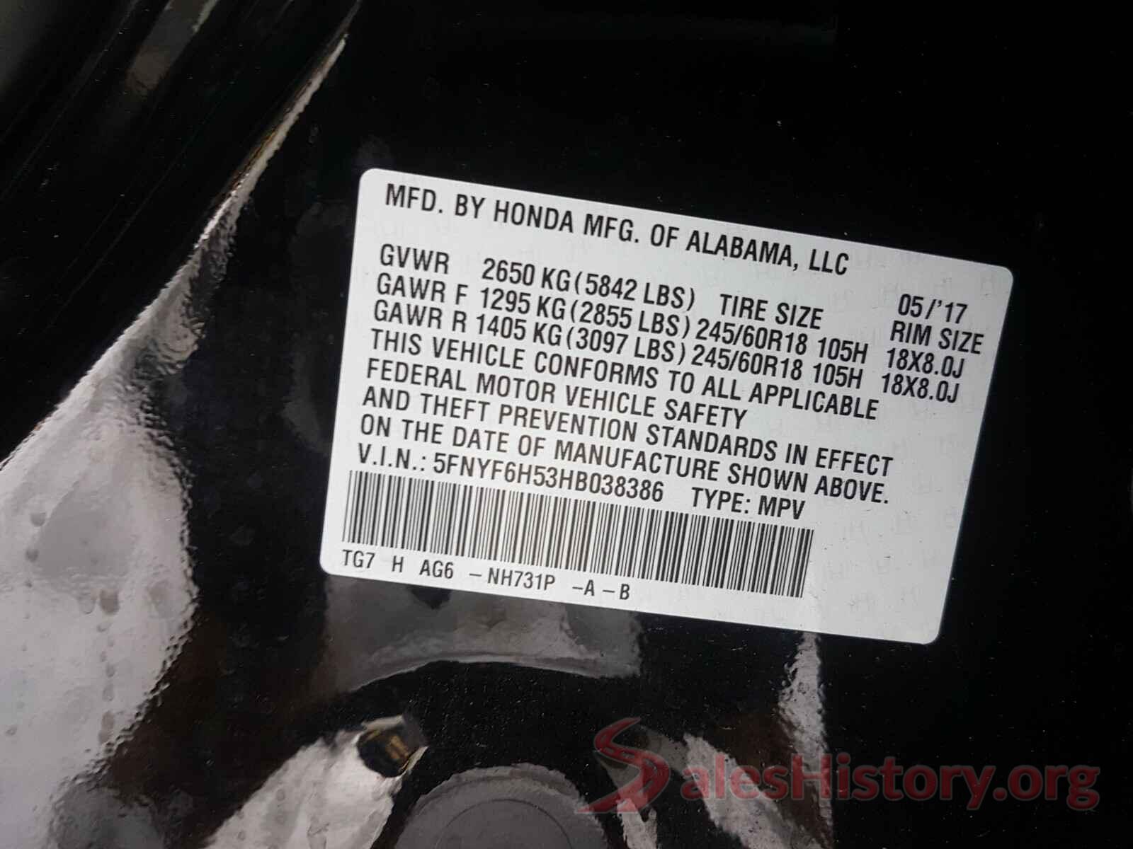 5FNYF6H53HB038386 2017 HONDA PILOT