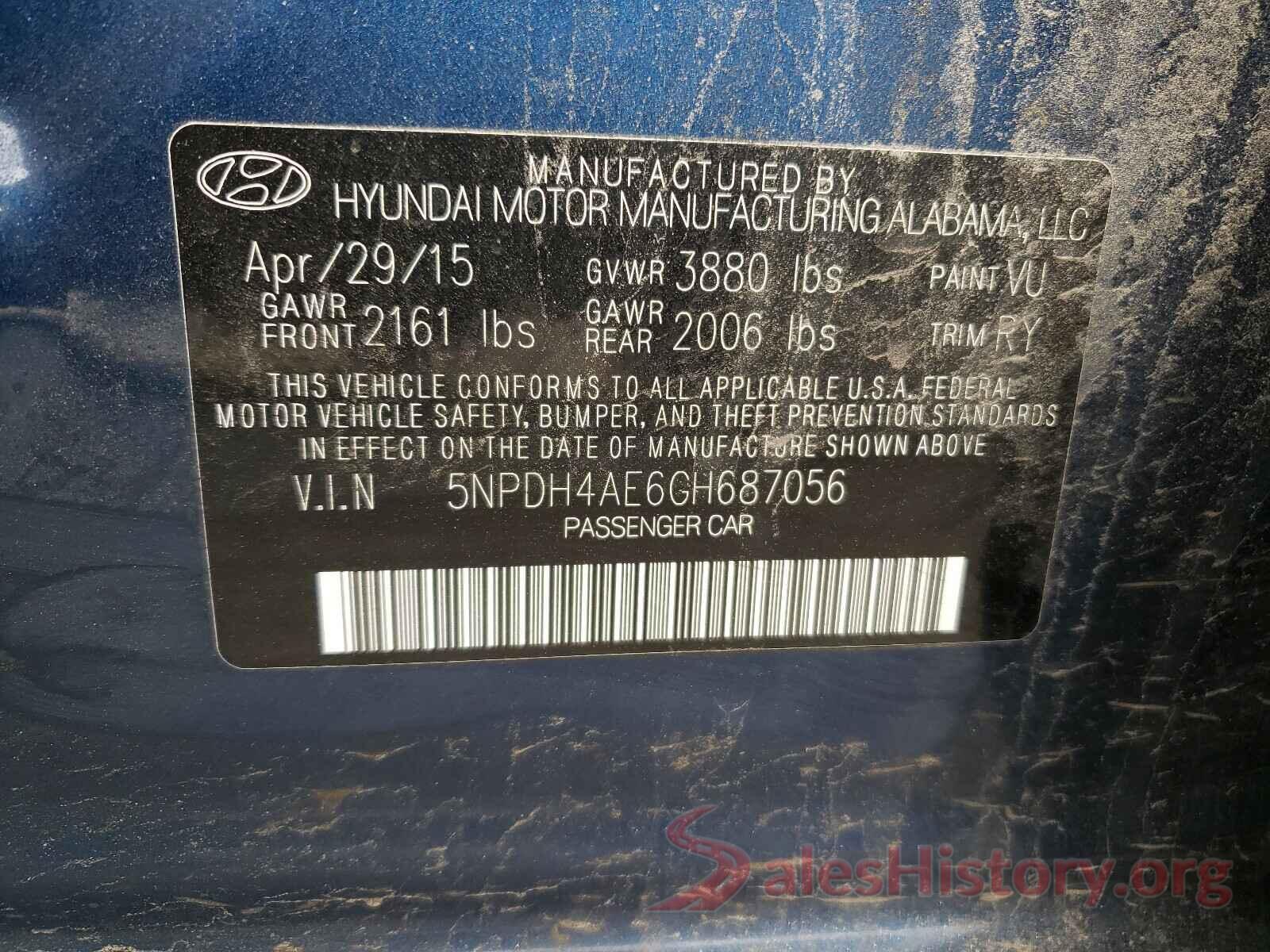 5NPDH4AE6GH687056 2016 HYUNDAI ELANTRA