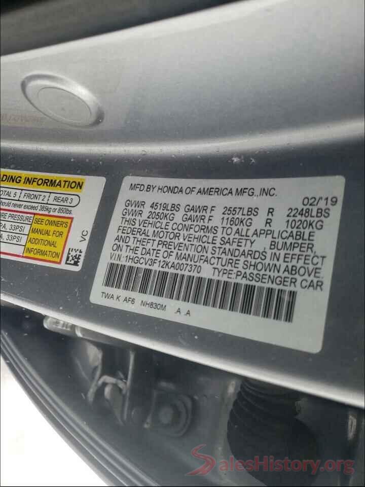 1HGCV3F12KA007370 2019 HONDA ACCORD