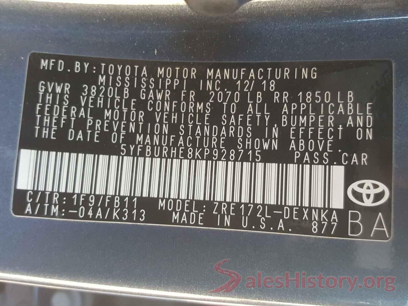 5YFBURHE8KP928715 2019 TOYOTA COROLLA