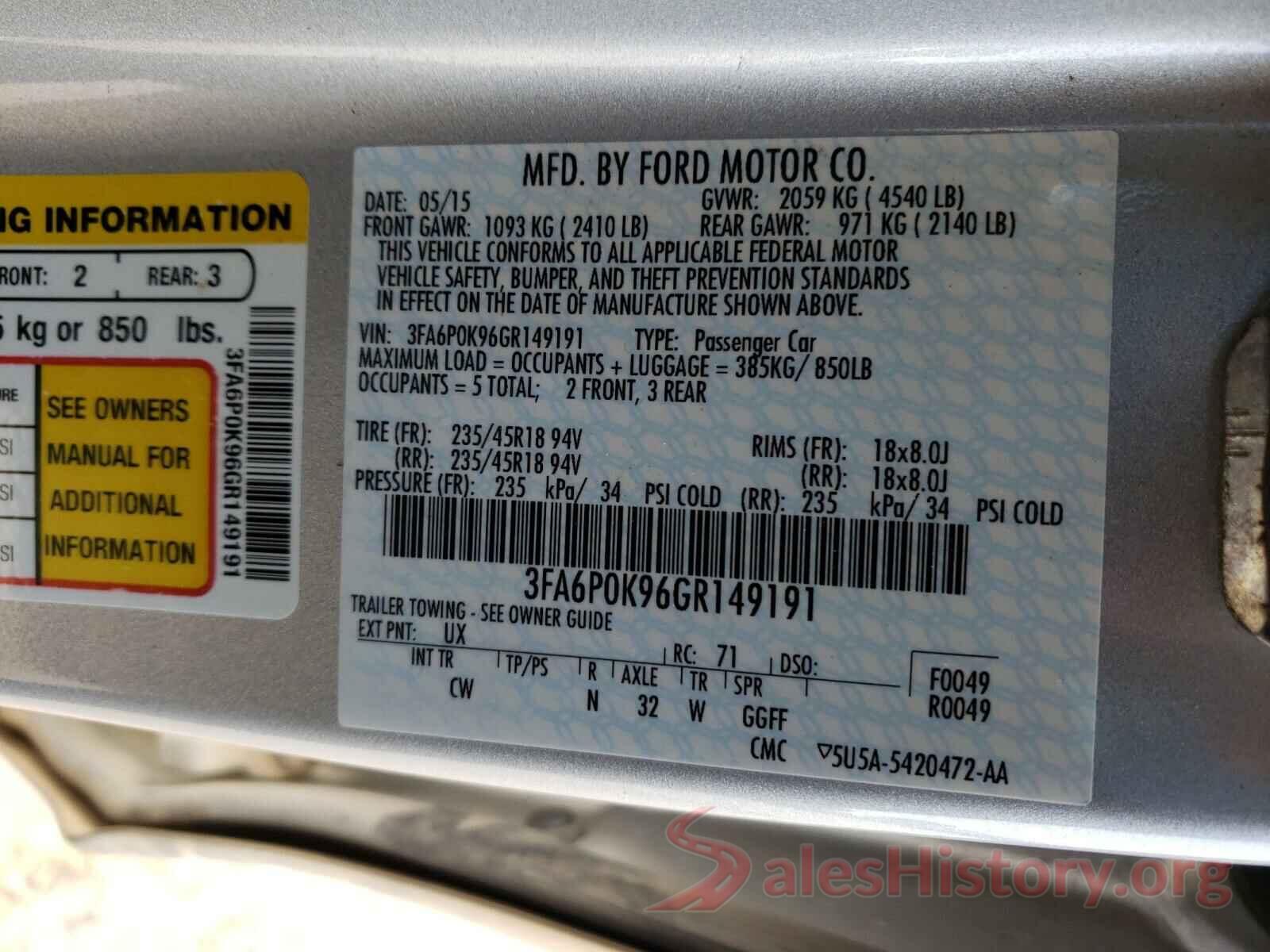 3FA6P0K96GR149191 2016 FORD FUSION