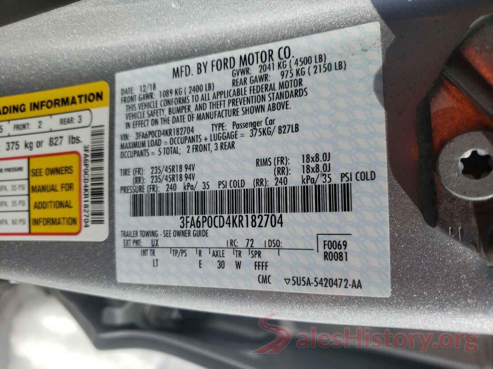 3FA6P0CD4KR182704 2019 FORD FUSION